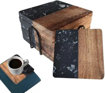 Immagine prodotto di Sottobicchieri in legno di acacia per bevande, nero marmorizzato, set da 6 pezzi