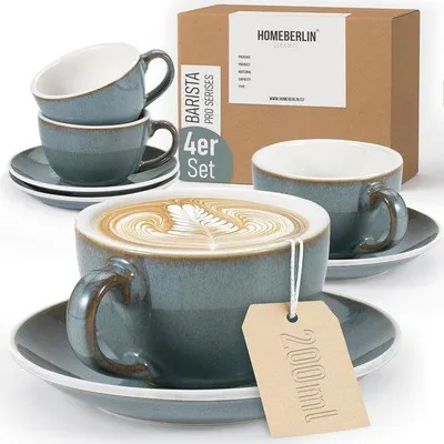 Productafbeelding van Moderne Cappuccinokopjes Set van 200 ml - Hoogwaardig Aardewerk Koffiekopjes met Schoteltjes - 100% Handgemaakt