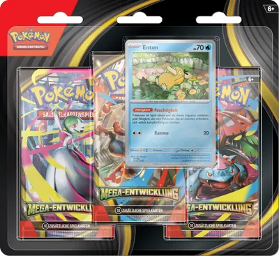 A product package containing Pokemon trading cards and a single Pokemon card.
