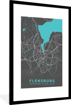 Produktbild von MuchoWow® Gerahmtes Poster Stadtplan - Karte - Deutschland - Blau - Flensburg - Karte 60x90 cm - Poster mit Schwarzem Bilderrahmen Wandposter Rahmen Foto Bilder - Dekoration - Wandposter Wohnzimmer - Hochwertig