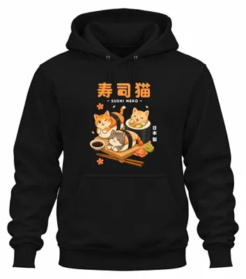 Zdjęcie produktu dla Bluza z kapturem "Sushi Neko Kawaii", motyw: koty, Japonia, anime, łosoś, styl Y2K, wzór: kotek, kolor: czarny, rozmiar: XL