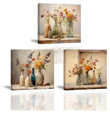 3er-Set Leinwandbilder Blumen, 30x30 cm, Ölgemälde-Stil