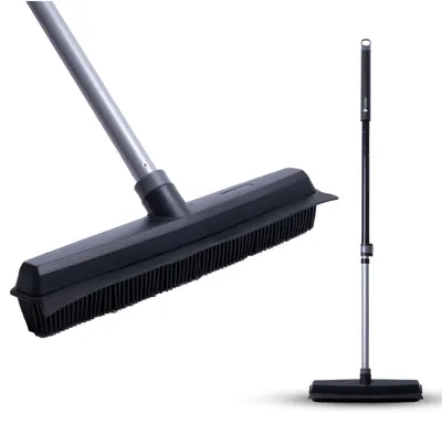 Produktbild von CLEANLY Gummibesen mit Abzieher - Krallenbesen - Friseurbesen - Weicher Besen für Innen und Außen - Teleskopstiel 114-142 cm - Besen mit Stiel - Breite 34 cm - Schwarz, Grau