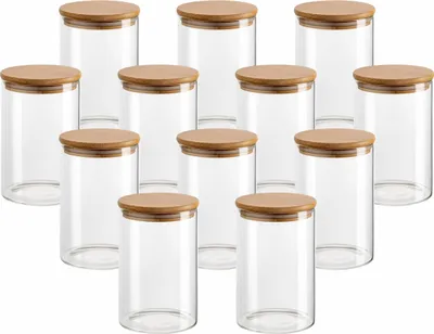 Produktbild von gouveo 12er Set Vorratsdose 250 ml rund aus Borosilikatglas mit Holz-Deckel - Praktischer Glasbehälter für Küche, Haushalt