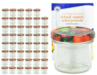 Produktbild von 48er Set Sturzglas 125 ml To 66 Obst Dekor Deckel Einmachgläser Vorratsgläser incl. Rezeptheft