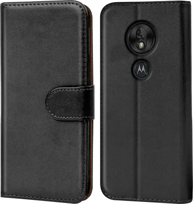 A black flip case for a smartphone is shown, with the phone inside the case on the right side.