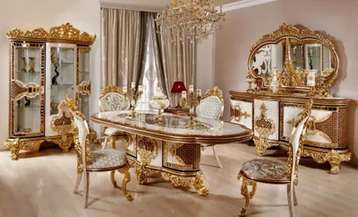 Produktbild von Luxus Weiße Klassisches Esszimmer Garnitur Esstisch 6x Stühle Kommode