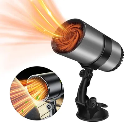 A portable car heater with a suction cup mount, showing heat waves emanating from it.