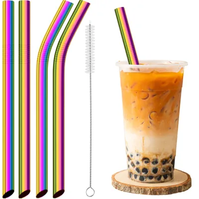 Imagen del producto de Pajitas de acero inoxidable reutilizables, extra anchas, 4 unidades, rectas y curvadas, para bebidas