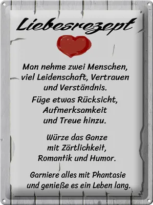 Produktbild von Blechschild Liebesrezept nehme 2  Menschen, 40x30 cm, Blechschilder Spruch Glück Weisheit Liebe Paar
