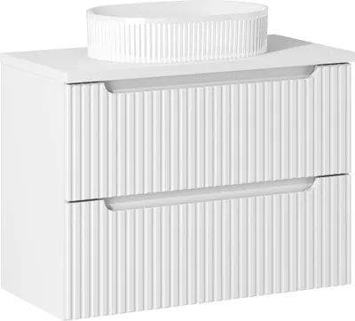 A white vanity cabinet with a round sink on top, shown from the front.