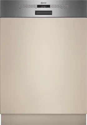 A front view of a partially integrated dishwasher with a stainless steel control panel and a beige door.