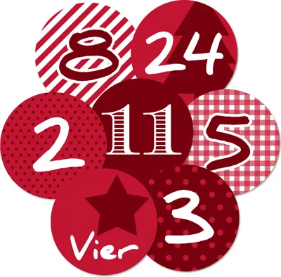 Produktbild von 24 Adventskalenderzahlen Aufkleber rot, Durchmesser 4 cm / Sticker, Weihnachten, Adventskalender, DIY Kalender