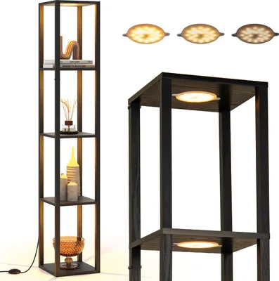 A tall, narrow, four-shelf display unit with integrated LED lighting, shown against a white background. The unit is made of dark wood-like material and has decorative items on its shelves. A close-up view of the unit's corner and lighting is also shown, al
