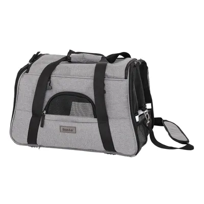 A gray pet carrier bag with black accents and straps, shown against a white background.