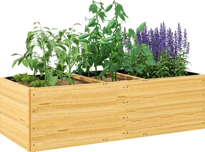 Image de Outsunny Jardiniššre en bois, carršŠ potager exterieur bois, 3 compartiments de plantation et doublure inclus, bac š€ fleurs pour lšŠgumes herbes fleurs dans jardin terrasse patio, 140x60x40cm, naturel