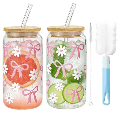 Productafbeelding van Set van 2 Drinkglazen met Rietje en Deksel, 500 ml
