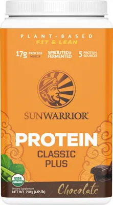 A product shot of a Sunwarrior Protein powder container.