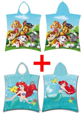 Produktbild von Paw Patrol + Arielle die Meerjungfrau Badeponcho mit Kapuze, 50 x 115 cm, 2er-Set