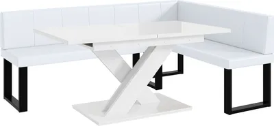 Produktbild von MEBLINI Eckbank für Esszimmer mit ausziehbarem Tisch  - Küchenbank - Essecke - Sitzecke Küche - PETER - U-Beine 142x196x87cm Rechts - Weiß Kunstleder/B Weiß Hochgl.