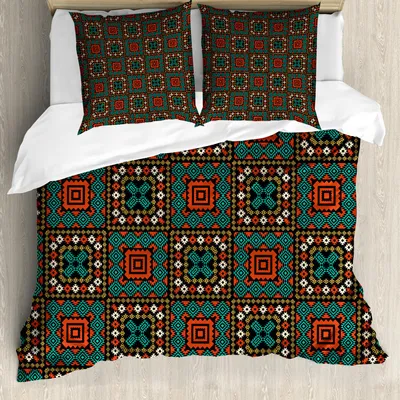 Produktbild von ABAKUHAUS Ethnisch Bettbezug Set, Ureinwohner-Verzierung mit geometrischen Details böhmisches altes kulturelles Design, 200 x 200 cm + 80 x 80 cm, Mehrfarbig