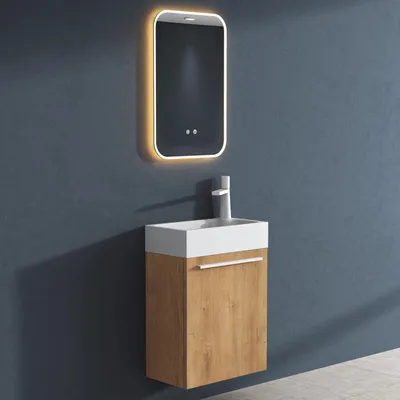Produktbild von doporro Badmöbelset Waschbecken-Unterschrank für Gäste-WC 46cm in Kerneiche Design Waschplatz Wandmontage inkl. LED-Spiegel Pisa02