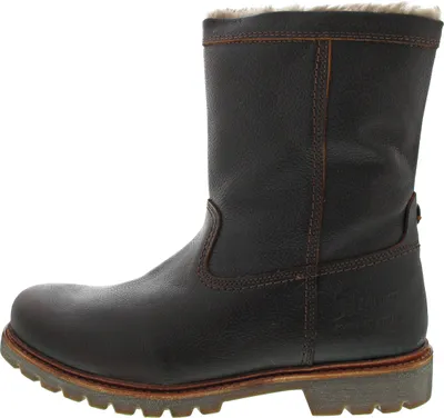 A side view of a brown leather boot with a fur lining.