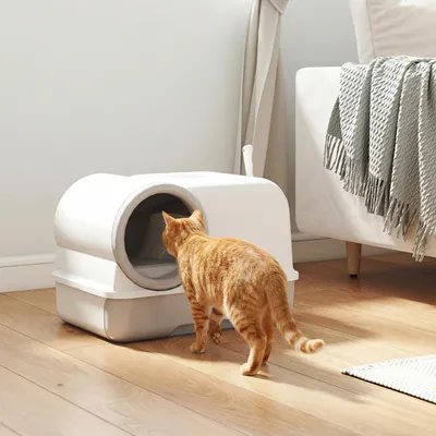 Produktbild von Katzentoilette mit Deckel, geschlossene Katzenklo mit Schaufel, ausziehbares Tablett, 2 Aktivkohlefilter, Weiß+Grau | 59 x 39,5 x 39,5 cm | bis 5 kg