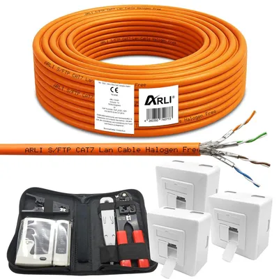 Produktbild von ARLI Cat7 50 m Verlegekabel S/FTP + 3x Cat6a Netzwerkdose + Crimpzange LSA Netzwerktester Abisoliermesser Werkzeugset