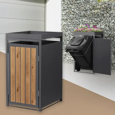 Produktbild von ML-Design Mülltonnenbox 1er mit Pflanzdach, Mülltonnenverkleidung für 1 Tonne, 240L, 68x80x124 cm Anthrazit-Holzoptik aus Stahl, Müllbox mit Tür