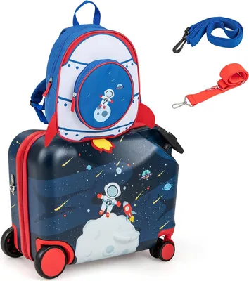 Produktbild von COSTWAY 2tlg Kinderkoffer + Rucksack, 12"+18" Kindertrolley mit Rollen und wasserdichter Hartschale, Kindergepäck, Rollkoffer mit Rucksack für Jungen und Mädchen (Astronauten)