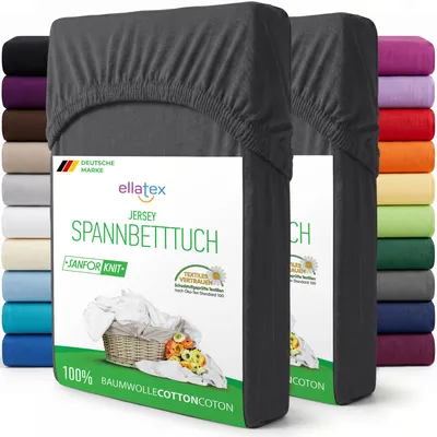 Produktbild von EllaTex 2er Pack Jersey Spannbettlaken 120x200–130x200 Baumwolle – Spannbetttücher Set weich & elastisch, Farbe: Anthrazit Grau