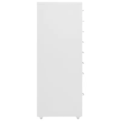 A side view of a gray metal filing cabinet with wheels.