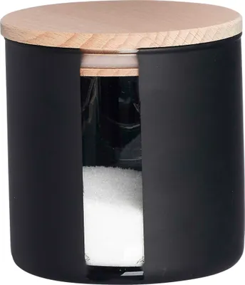 A black storage container with a wooden lid, showing a clear window into the container filled with white granular material.