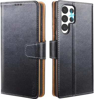 Image de Coque de protection noire et rigide pour Samsung Galaxy S22 Ultra, avec un rabat de couleur marron