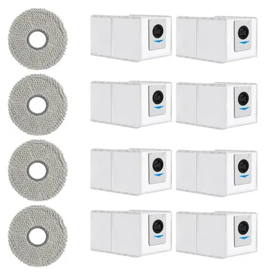 A set of round gray mop pads and several white dustbins with a black camera-like feature and a blue arrow symbol.