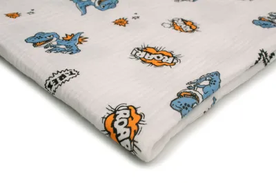Produktbild von Baumwoll Musselin Stoff mit Aufdruck, Double Gauze, T-Rex Blau 50 x 130 cm