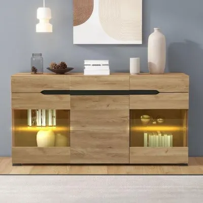 Productafbeelding van Commode met laden, dressoir met LED-verlichting en app-bediening – TV-meubel met glanzende voorzijde en eikenhoutdecor, 3 deuren en 3 laden, 140x35x80 cm, veel opbergruimte voor woonkamer en slaapkamer