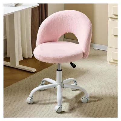 Produktbild von Homeoffice Stuhl, Schreibtischstuhl, Schminktischstuhl, Bürostuhl ohne Armlehnen, Drehstuhl mit Rollen, höhenverstellbar, Kunstkaninchenfell, Rosa