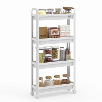 Image de Chariot de cuisine COSTWAY à roulettes, étagère de niche pour salle de bain avec poignées, chariot de rangement multifonctionnel, chariot en plastique, blanc