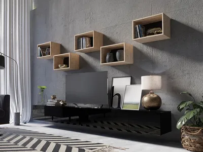 Produktbild von Wohnwand CALABRINI-32 Wohnzimmer-Set Hängewohnwand Schrankwand Schrank TV-Schrank Moderne Anbauwand Hochglanz (Schwarz / Artisan Eiche)