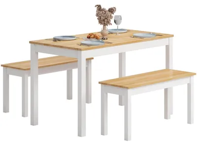 Immagine prodotto di Set tavolo da pranzo in legno massello di pino con 2 panche, per 4 persone, dimensioni 108x65x73 cm, finitura teak/bianco