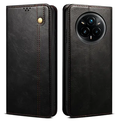 A black leather flip phone case is shown from two angles.
