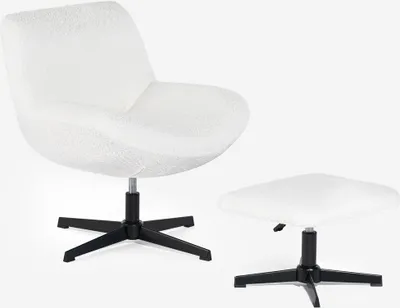 Produktbild von Sessel Wohnzimmer ergonomisch drehbar aus Bouclé mit Fußstütze Janes - Weiß