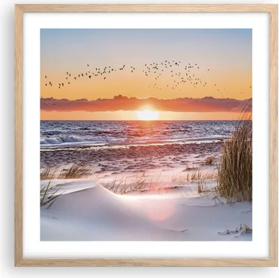 Produktbild von Gerahmtes Poster - Rahmen in heller Eiche - Sonne Strand Vögel - 50x50 cm - Wand Bild - Wanddeko - Wandbilder - Kunstposter - Wandposter - Bilderrahmen - Bilder - Kunstdruck - P2NAC50x50-4727