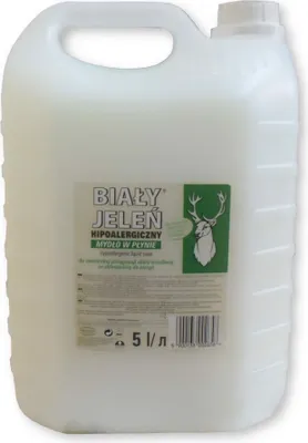 A large white plastic container of liquid soap with a label featuring a deer logo.