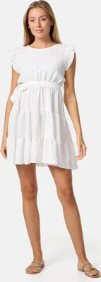 Produktbild von PM SELECTED Feminines Damen Mini Rüschenkleid mit Gürtel, Rundhalsausschnitt und Flügelärmeln PM27 Weiß Einheitsgröße Gr. 34 - 38