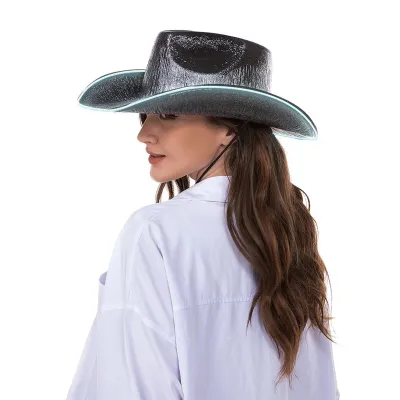 Produktbild von Cowboyhut in leuchtenden Farben, breite Krempe, Saum, winddichtes Seil, Halloween, holografisches LED-Licht, Jazzhut, modisches Accessoire, Schwarz