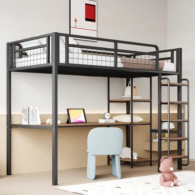 Obrázek produktu pro okwish Patrová postel, Dětská postel, Jugendbett, Kovová postel, Jednolůžko 90x200 cm, Bezpečnostní žebřík s nášlapnými stupni, s stolem a policemi, kovová bezpečnostní mříž, Černá, Bez matrace