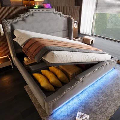 Image de Lit rembourré 140 x 200 cm avec rangement, gris velours, sommier à lattes, éclairage LED et port USB-C, lit pour adolescent, lit double, silencieux, sans matelas